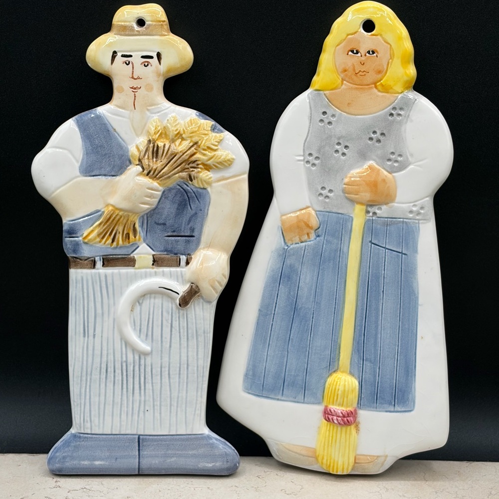 Vintage Towle Sigma Farmer Couple Wall Hangings Les Artisans Japan 1983